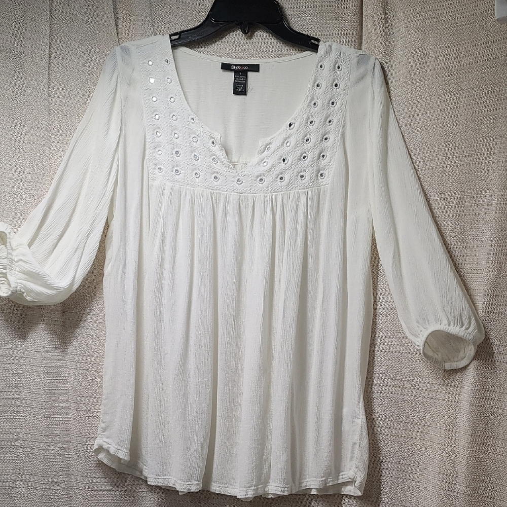 Style & Co White Smocked 3/4 Sleeve Blouse
